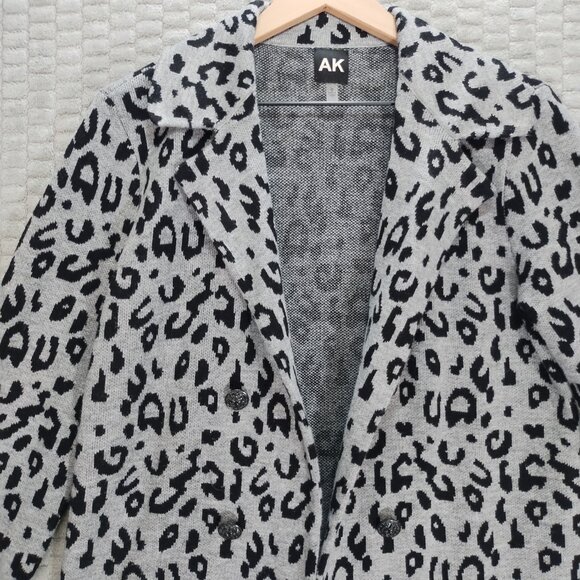 Anne Klein Gray Leopard Print Longline Blazer Sweater-Faux Double Breasted-Sz M - Picture 2 of 12